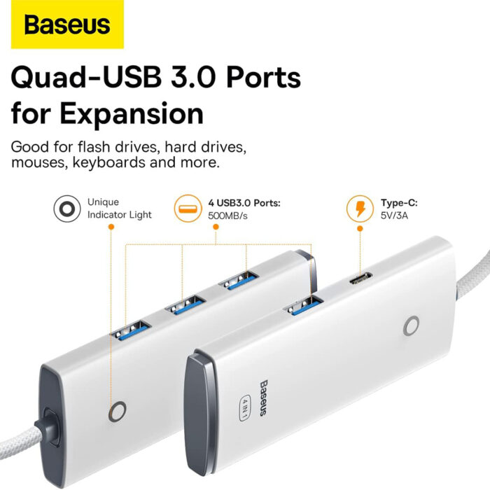 Hub USB la 4x USB 3.0 Type C 1m Baseus Lite Series WKQX030102 White 3